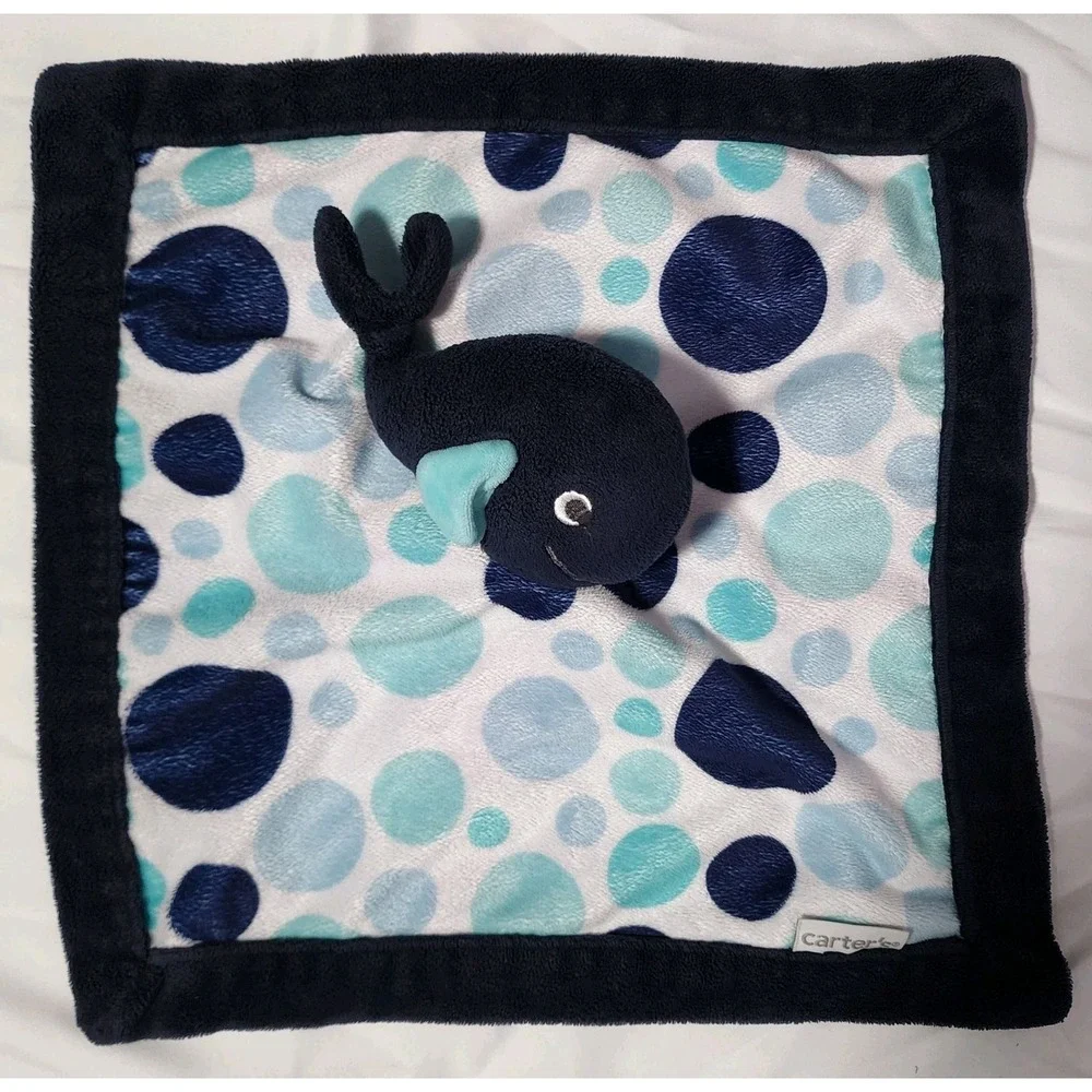Carters Whale Security Blanket Baby Lovey Navy Blue Aqua Polka Dots